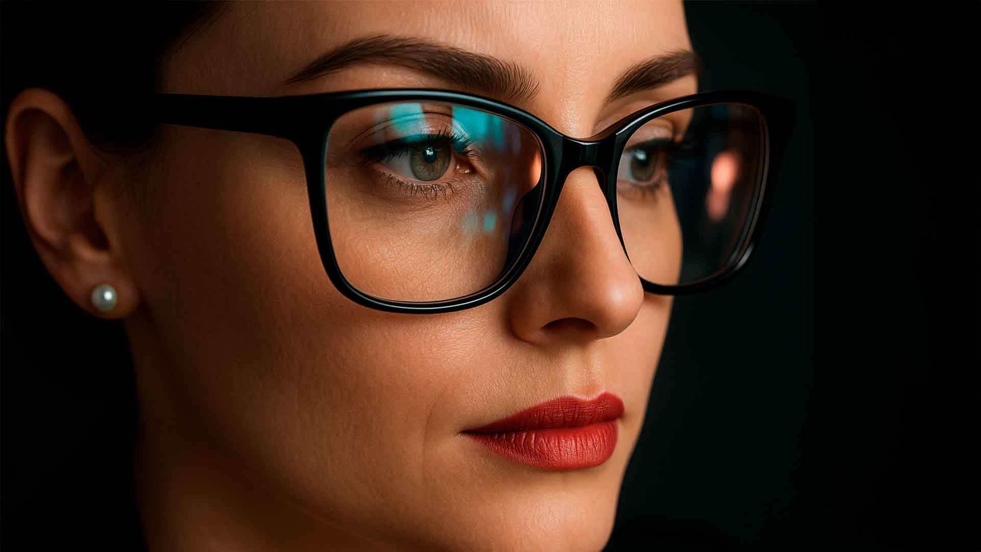 Primer plano de una mujer usando lentes Eyezen™ Start con tecnología de filtro de luz azul violeta, diseñados para reducir la fatiga visual causada por pantallas digitales.