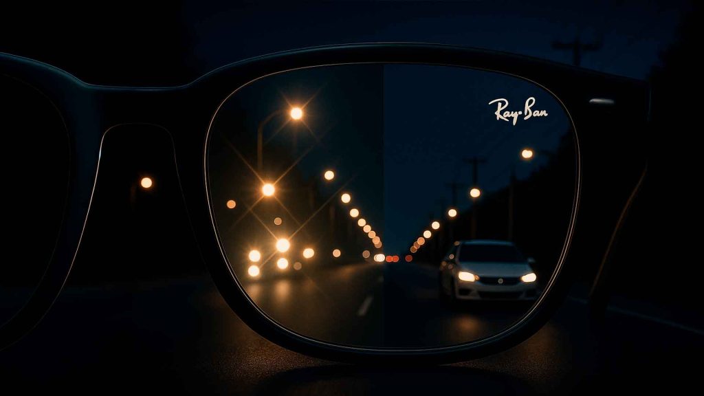 Vista nocturna a través de lentes con tratamiento Crizal® Sapphire HR, mostrando la reducción de reflejos y mayor claridad visual al conducir de noche.